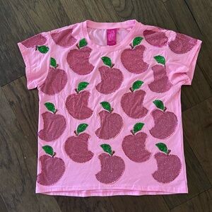 QUEEN OF SPARKLES Pink and Green Apple Print Short Sleeve Tee